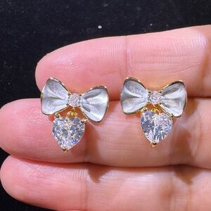 Elegant Gold and Silver Bow Earrings— CZ — S925 Silver Post